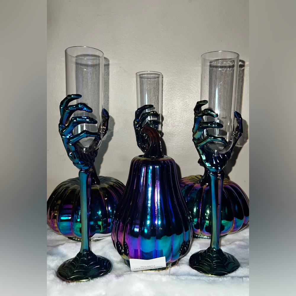 Dark Iridescent Pumpkins And Champagne Flutes